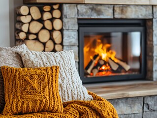 Cozy Autumn Fireplace Scene with Knitted Pillows and Blanket