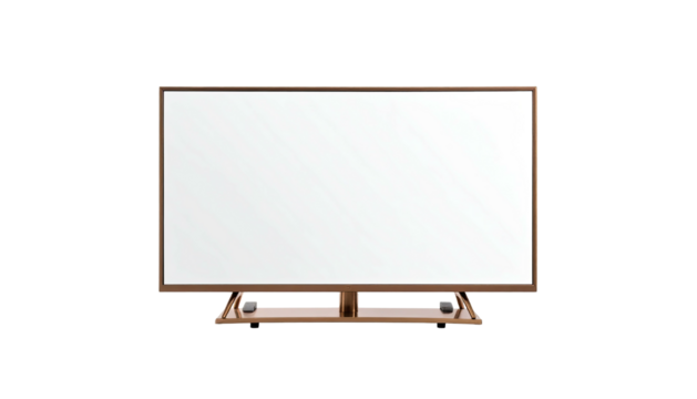 A brown framed rectangular screen with a white display on a black background