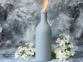 Elegant Grey Bottle with Wooden Spoon and White Flowers Still Life