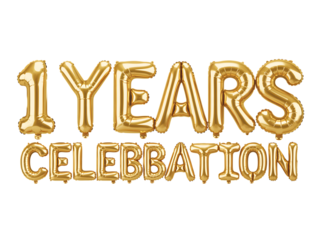 Golden balloons spelling out 1 year celebration isolated on transparent background