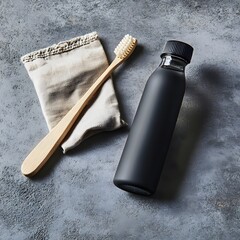 Eco-Friendly Bathroom Essentials, Bamboo Toothbrush, Reusable Cloth Bag, and Black Bottle