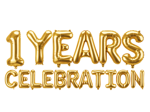 Gold foil balloons spelling 1 year celebration isolated on transparent background