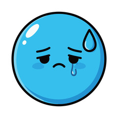 Cute Cartoon Blue Crying Emoji or Sad Face with Tears and Sweat Drop Illustration