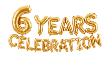 Golden number 6 balloons forming the text 6 years celebration isolated on transparent background