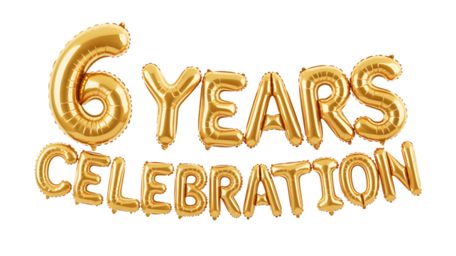Golden number 6 balloons forming the text 6 years celebration isolated on transparent background - Powered by Adobe
