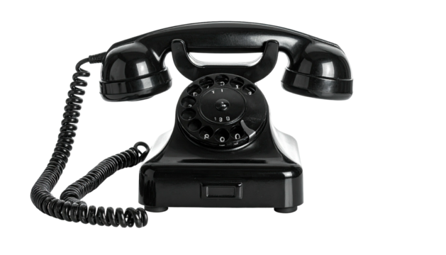 Close-up of a classic black rotary dial telephone on a transparent backdrop - Powered by Adobe