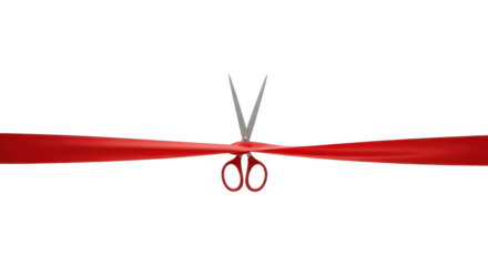 Grand Opening: A pair of scissors precisely cuts through a vibrant red ribbon, a symbolic gesture of commencement and celebration.