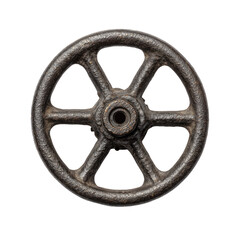 A weathered, dark cast iron industrial handwheel or valve with six spokes, showcasing its rustic texture on a solid transparent background. background removed