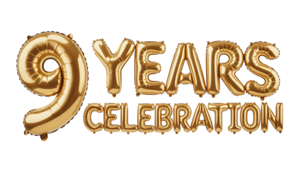 Golden balloons forming the number 9 and the word years celebration isolated on transparent background