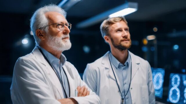 Senior doctor reviews MRI results with junior colleague in advanced medical facility
