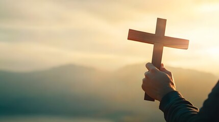 Sunset Silhouette Hand Holding Wooden Cross Religious Faith Hope