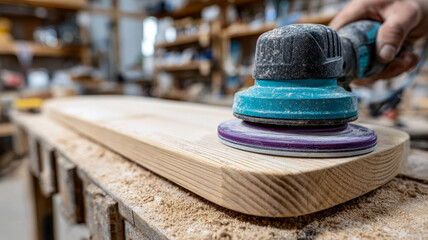 Close-up of sanding wood with a power tool in a workshop.