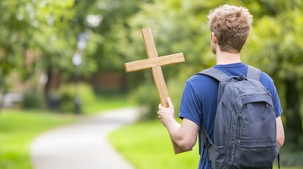 Young Man Carrying Wooden Cross Outdoors Park Pathway