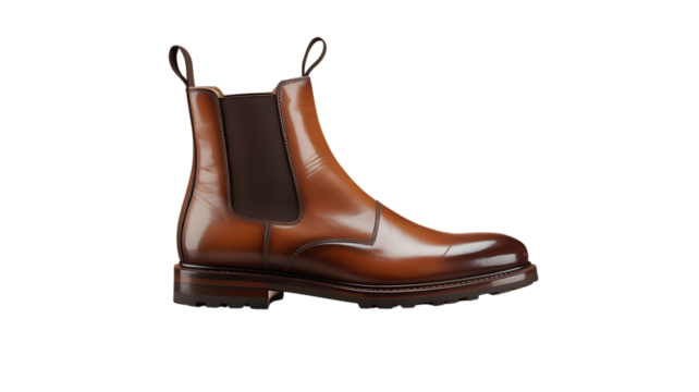 A stylish brown leather chelsea boot with elastic side panels, isolated on a transparent background