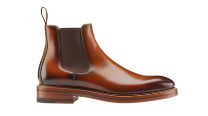 A rich brown leather chelsea boot with a polished finish and elastic side panels, isolated on a transparent background