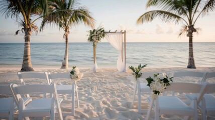 Fototapeta premium A destination wedding on a tropical island with a beach ceremony and reception under palm trees.