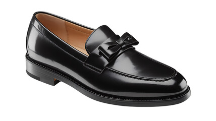 A classic black patent leather loafer with a decorative bow, isolated on a transparent background