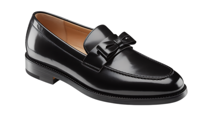 A classic black patent leather loafer with a decorative bow, isolated on a transparent background