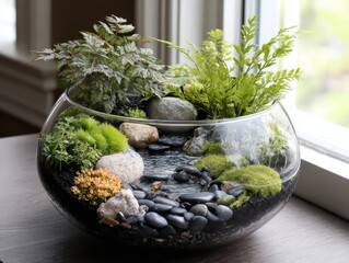 Terrarium with lush plants, rocks and moss in glass bowl. Perfect for home decor, it creates a serene natural scene with pebbles and greenery. Ideal for indoor plant lovers.