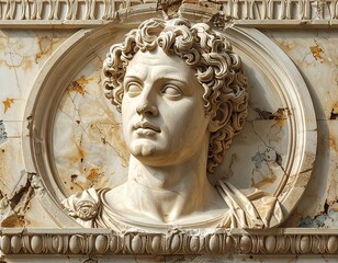 Carved marble bust of a man, Roman style.  Ornate frame
