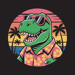 Vintage Sunset T-Rex Wearing Hawaiian Shirt,
Cool Dino with Shades and Palm Trees Background,
Retro Style T-Rex Cartoon for T-Shirt Design,
Funny Dinosaur on Vacation Vector Illustration,