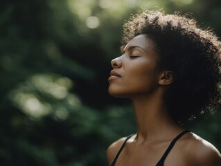 Woman breathing deeply in nature, surrounded by lush green forest and soft light. Healthy lifestyle and inner peace captured in serene outdoor scene.