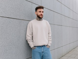 Grey pullover on casual look with clean background. Easy wear option with soft texture for all day.