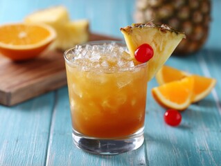 Tropical beverage with pineapple top, orange beside, served with ice in glass on board. Colorful drink offers summer refreshment and exotic appeal.