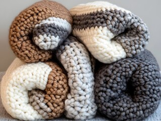 Cozy Rolled Knit Blankets in Neutral Tones, Soft Wool Texture Photography