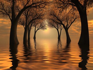 Flooded Forest Sunset, Golden Hour Trees in Water