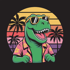 Retro T-Rex in Hawaiian Shirt Vector Illustration,
Cool Dinosaur with Sunglasses and Tropical Sunset,
Funny T-Rex Summer Vacation Vector Design,
Tropical Beach Dinosaur Cartoon Vector Art.