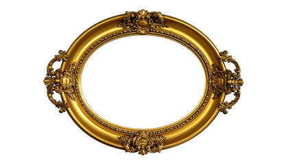 Ornate, oval, golden frame with intricate carvings, isolated on black