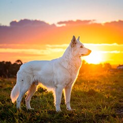White dog at sunset, profile view