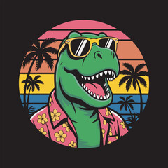 Retro T-Rex in Hawaiian Shirt Vector Illustration,
Cool Dinosaur with Sunglasses and Tropical Sunset,
Funny T-Rex Summer Vacation Vector Design,
Tropical Beach Dinosaur Cartoon Vector Art.