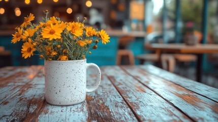 Table with yellow flowers in mug, blurred café background, rustic texture