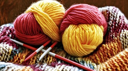 Close up of yarn balls in yellow and red and knitting needles