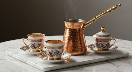 Traditional Turkish coffee served in ornate cups with a hammered copper cezve on a marble slab