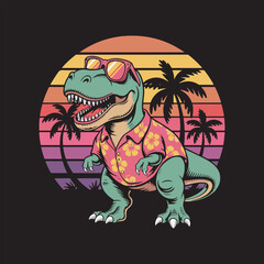 Retro T-Rex in Hawaiian Shirt Vector Illustration,
Cool Dinosaur with Sunglasses and Tropical Sunset,
Funny T-Rex Summer Vacation Vector Design,
Tropical Beach Dinosaur Cartoon Vector Art.