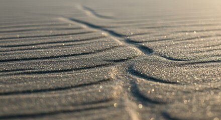 Wind-formed patterns on sparkling desert sand with a tiny creature's path illuminated by dawn light