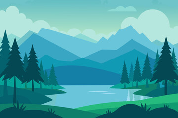 Illustration of a lake surrounded by mountains and trees