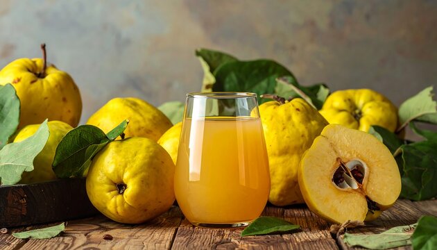 Quenching thirst with quince juice.  Fresh quince fruit, whole and sliced, sit around a glass of quince juice, showcasing the vibrant yellow-gold color of the fruit.  Wooden surface