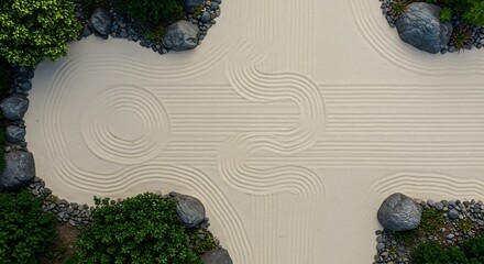 Zen Garden Harmony Aerial View of Peaceful Sand Patterned with Tranquility and Serenity