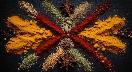Colorful spice arrangement featuring turmeric, paprika, and herbs for culinary delight and visual appeal