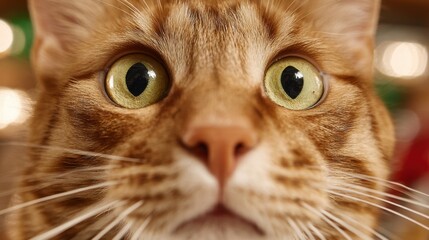 Close-up of a ginger cat's face with striking yellow eyes and a pink nose, capturing its intense gaze. Soft bokeh lights in the background.