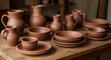 Rustic Clay Pottery Collection Handmade Plates, Bowls, and Pitchers on Wooden Surface