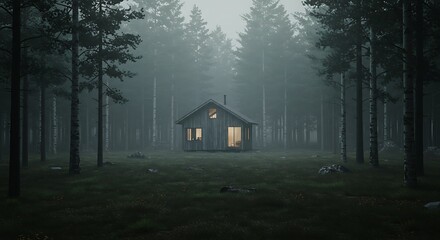 A remote wooden cabin with warm lights glowing deep within a mysterious and misty forest