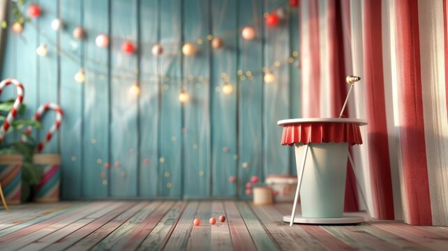 Whimsical 3D circus scene with podium, red curtain, carnival lights, and a ringmaster for a vibrant carnival atmosphere.