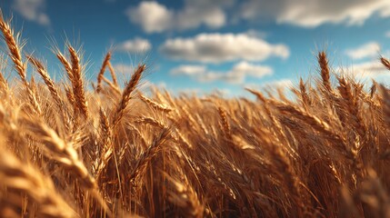 Golden Wheat Field with Blue Sky and Clouds in Summertime Sunshine Day.