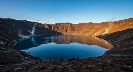 Beautiful Volcanic Crater Lake Reflecting the Clear Blue Sky on a Sunny Day