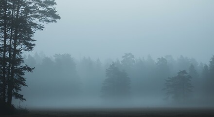 Serene Morning Mist Blanketing a Dense Pine Forest Landscape in Soft Hues and Tranquil Atmosphere